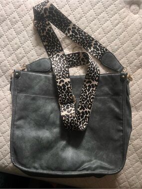 Stylish Dark Grey Crossbody Tote with Leopard Print Strap